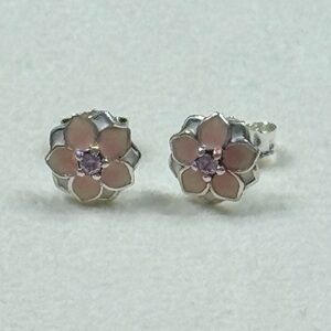 Pandora studs earrings blooming dahlia cream pink crystal sterling retired rare